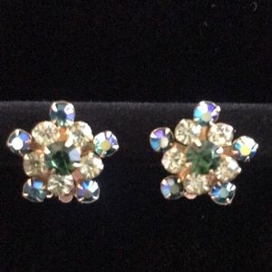 Vintage Weiss AB Rhinestones, blue and green clip-ons